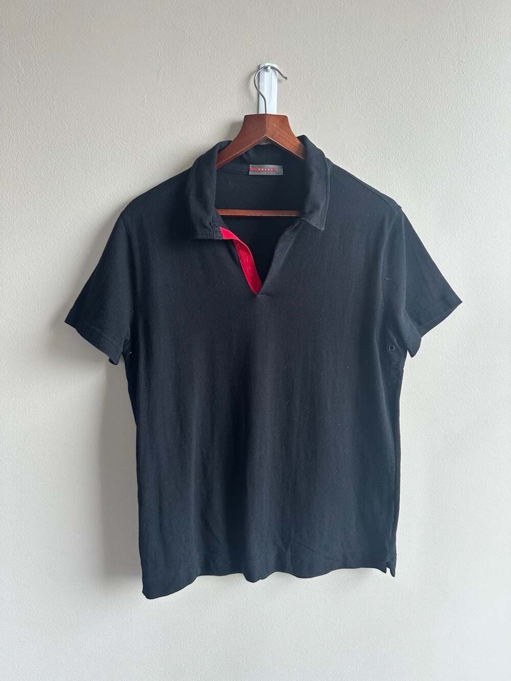 Vintage Prada Sport Black 100% Cotton V-Neck Polo with Red Logo Placket